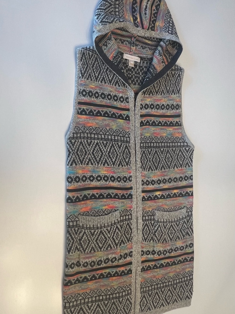 Monteau Los Angeles Fair Isle Aztec Hooded Long Sweater Vest Size L